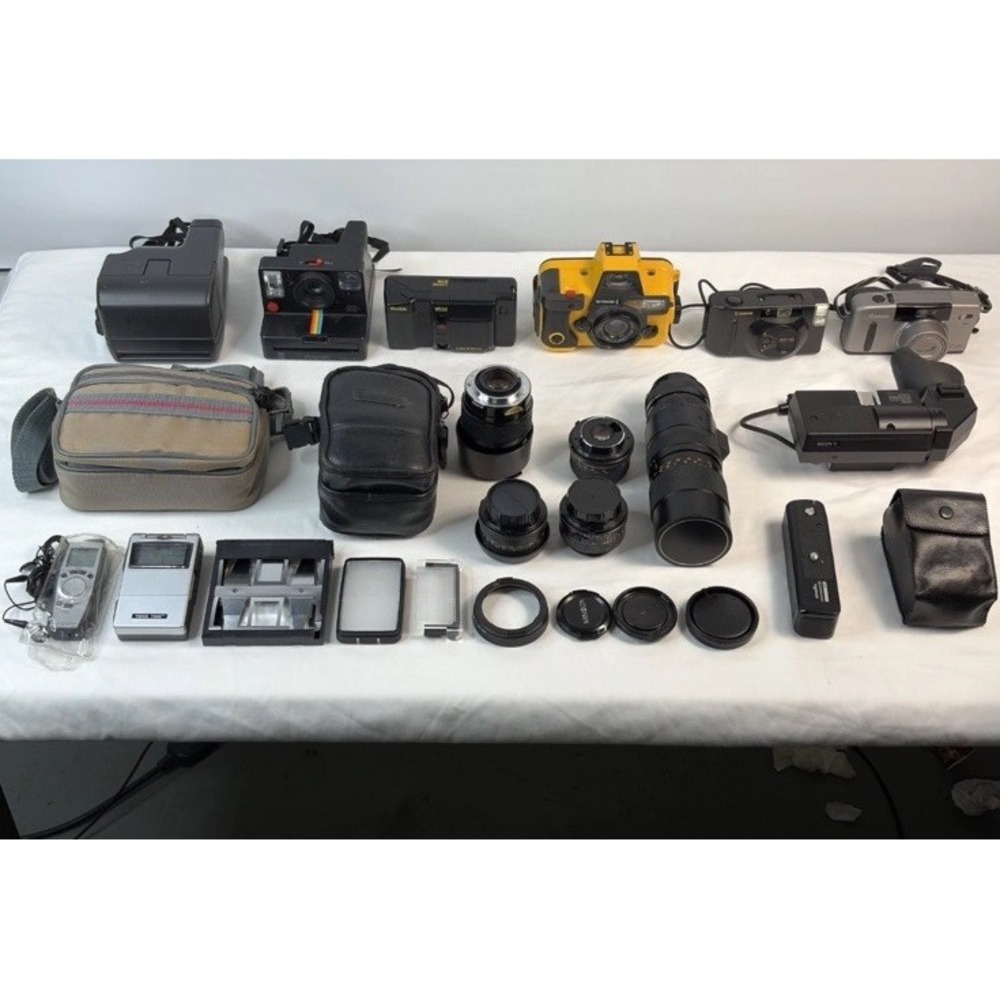 VINTAGE CAMERA LOT POLAROID CANON SONY LENSES FLASHES ACCESSORIES UNTESTED